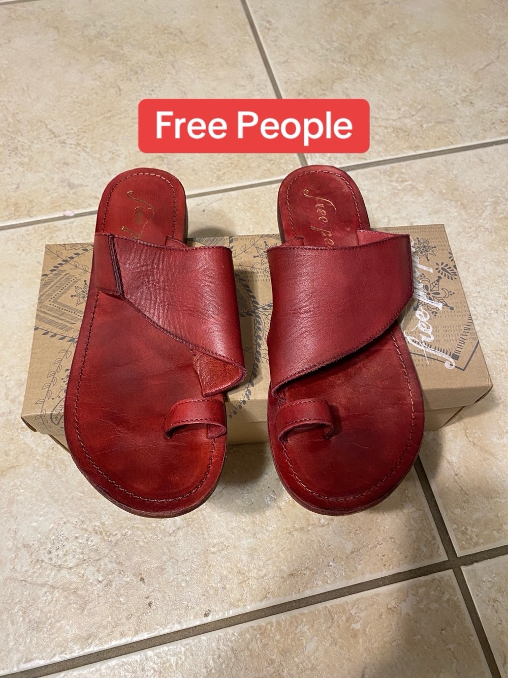 Free People Handmade Red Leather Asymmetrical Toe-Loop Slide Sandals